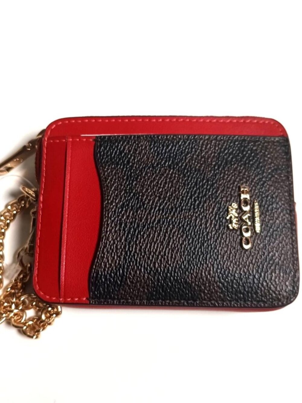 Coach Zip Card Case Signature Canvas Walnut Bold Red Wallet Chain New CW883